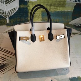 Replica Hermes White Black Birkin 30 Gold Hardware Bag