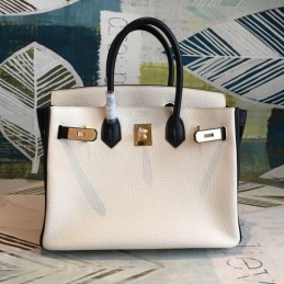 Replica Hermes White Black Birkin 30 Gold Hardware Bag
