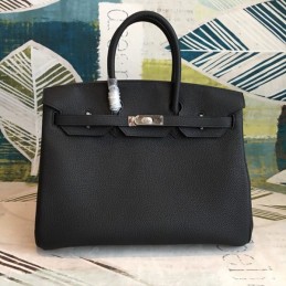 Replica Hermes Black Smooth Leather Birkin 35 Palladium Hardware Bag