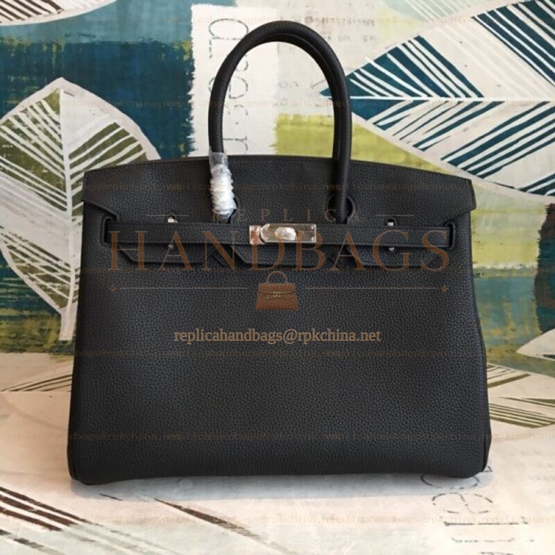 Replica Hermes Black Smooth Leather Birkin 35 Palladium Hardware Bag