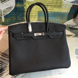 Replica Hermes Black Smooth Leather Birkin 35 Palladium Hardware Bag