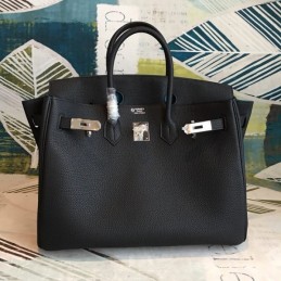 Replica Hermes Black Smooth Leather Birkin 35 Palladium Hardware Bag