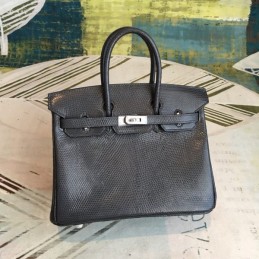 Replica Hermes Black Textured Birkin 25 Palladium Hardware Bag