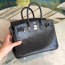 Replica Hermes Black Textured Birkin 25 Palladium Hardware Bag