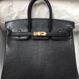 Replica Hermes Black Lizard Leather Birkin 25 Gold Hardware Bag