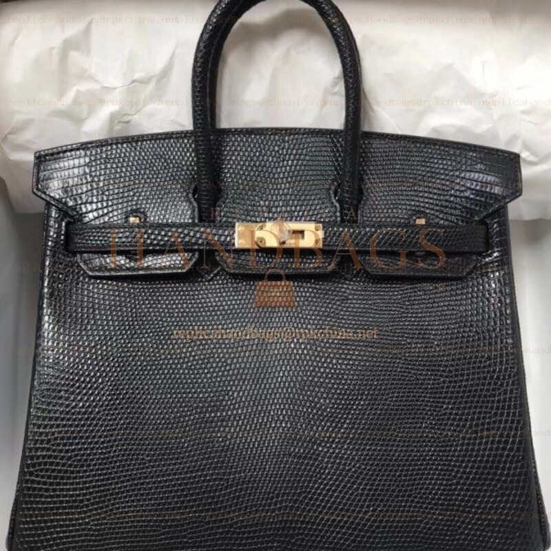 Replica Hermes Black Lizard Leather Birkin 25 Gold Hardware Bag