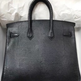 Replica Hermes Black Lizard Leather Birkin 25 Gold Hardware Bag