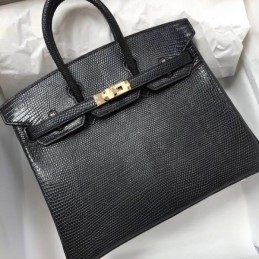 Replica Hermes Black Lizard Leather Birkin 25 Gold Hardware Bag