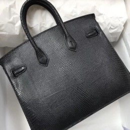Replica Hermes Black Lizard Leather Birkin 25 Gold Hardware Bag