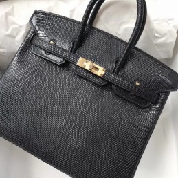 Replica Hermes Black Lizard Leather Birkin 25 Gold Hardware Bag