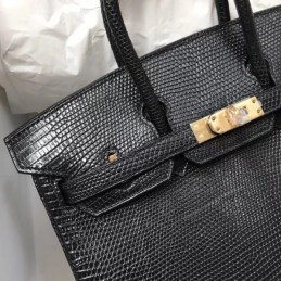Replica Hermes Black Lizard Leather Birkin 25 Gold Hardware Bag