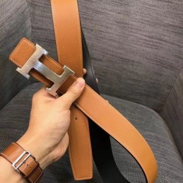 Replica Hermes Cognac Brown Brushed Silver H Buckle Leather Belt