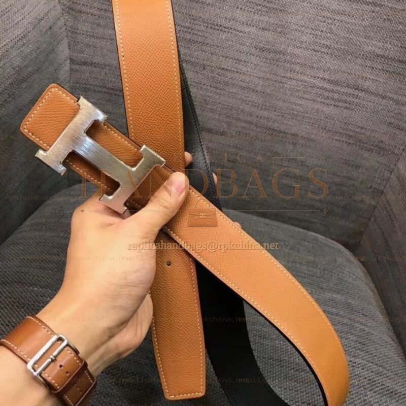 Replica Hermes Cognac Brown Brushed Silver H Buckle Leather Belt