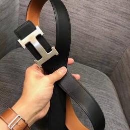 Replica Hermes Cognac Brown Brushed Silver H Buckle Leather Belt
