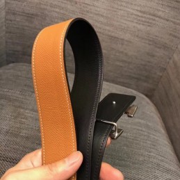 Replica Hermes Cognac Brown Brushed Silver H Buckle Leather Belt