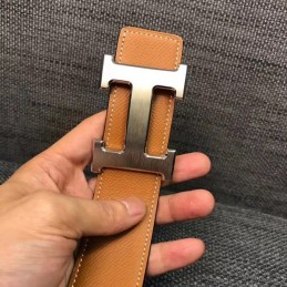 Replica Hermes Cognac Brown Brushed Silver H Buckle Leather Belt