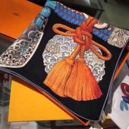 Replica Hermes Black Tassel Print 90cm Silk Scarf