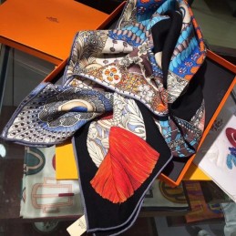 Replica Hermes Black Tassel Print 90cm Silk Scarf