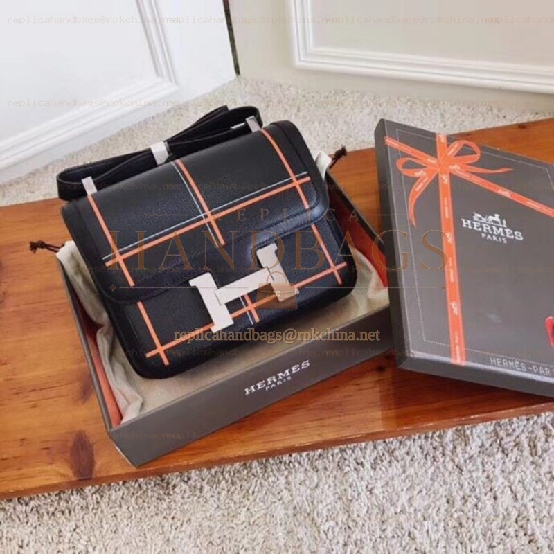 Replica Hermes Black Orange Plaid Constance Mini 18 Bag