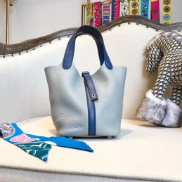 Replica Hermes Light Blue Picotin Lock 22 Blue Handle Bag