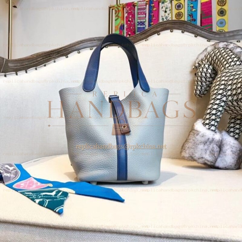 Replica Hermes Light Blue Picotin Lock 22 Blue Handle Bag