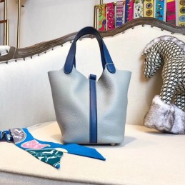 Replica Hermes Light Blue Picotin Lock 22 Blue Handle Bag