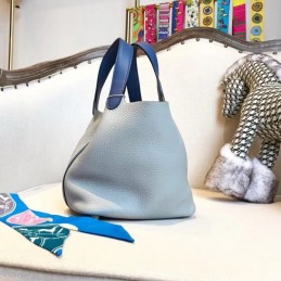 Replica Hermes Light Blue Picotin Lock 22 Blue Handle Bag