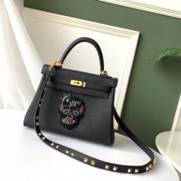Replica Hermes Black Kelly 25 Skull Charm Strap Bag