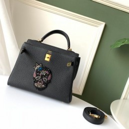Replica Hermes Black Kelly 25 Skull Charm Strap Bag