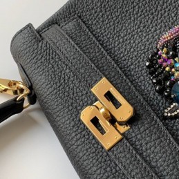 Replica Hermes Black Kelly 25 Skull Charm Strap Bag