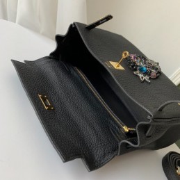 Replica Hermes Black Kelly 25 Skull Charm Strap Bag