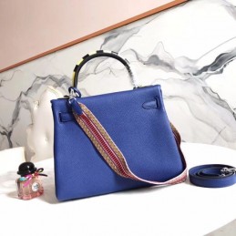 Replica Hermes Blue Kelly 28 Charm Strap Bag
