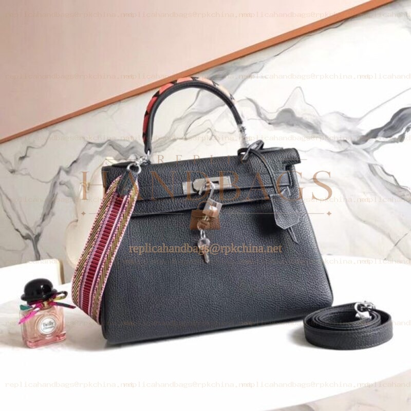 Replica Hermes Black Kelly 28 Charm Strap Bag