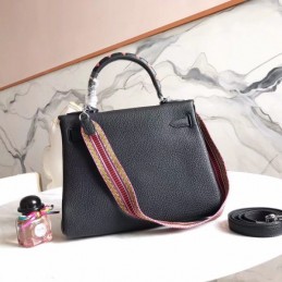Replica Hermes Black Kelly 28 Charm Strap Bag
