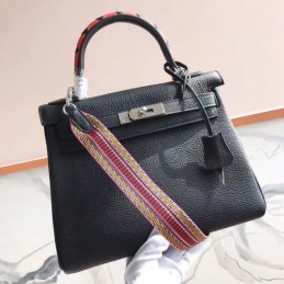 Replica Hermes Black Kelly 28 Charm Strap Bag