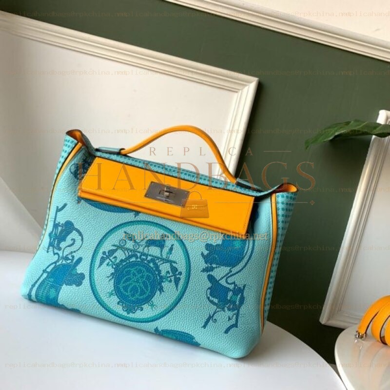 Replica Hermes Turquoise Horse Print Kelly 2424 29 Bag