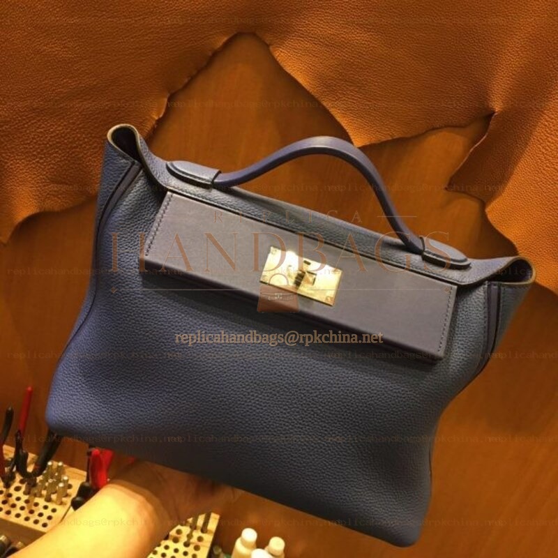 Replica Hermes Navy Blue Kelly 2424 29 Gold Hardware Bag