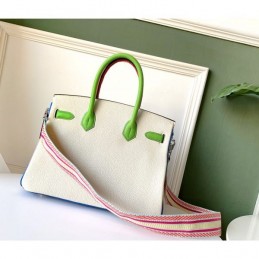 Replica Hermes White Green Birkin 30 Charm Strap Bag