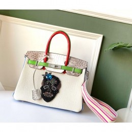 Replica Hermes White Green Birkin 30 Charm Strap Bag