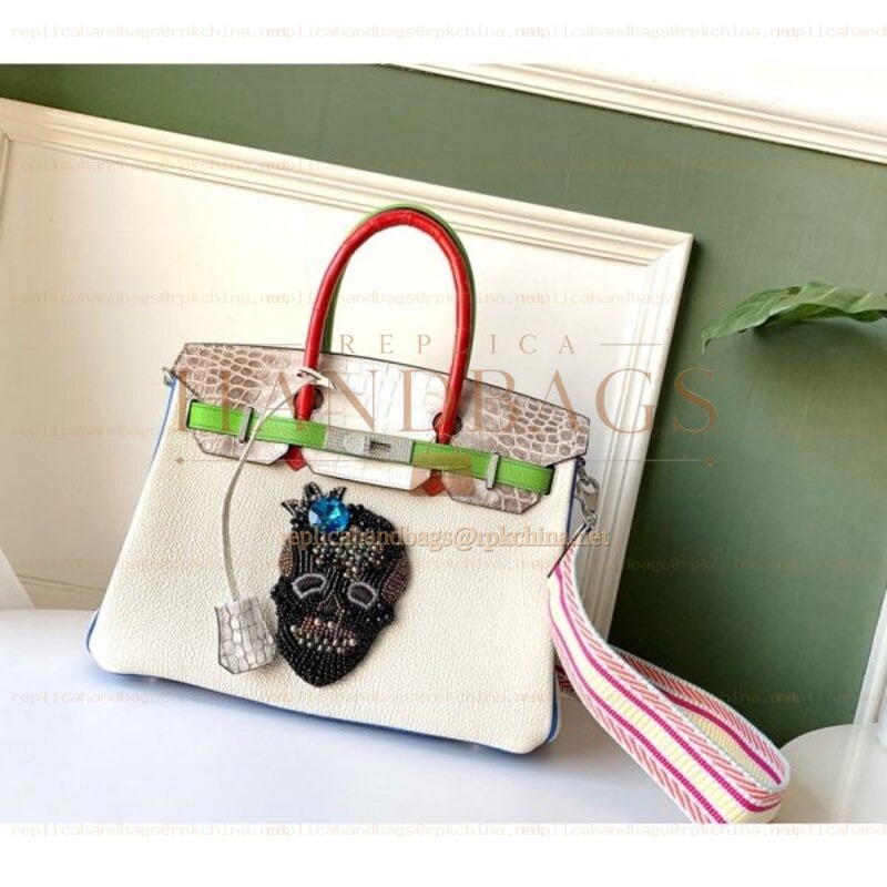 Replica Hermes White Green Birkin 30 Charm Strap Bag