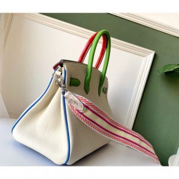 Replica Hermes White Green Birkin 30 Charm Strap Bag