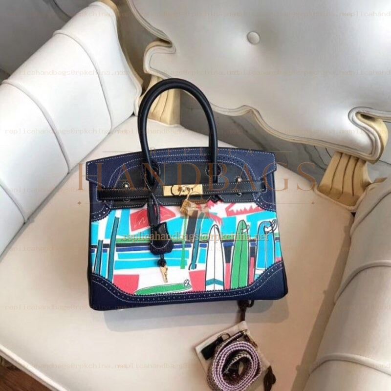 Replica Hermes Black Multicolor Print Birkin 30 Bag