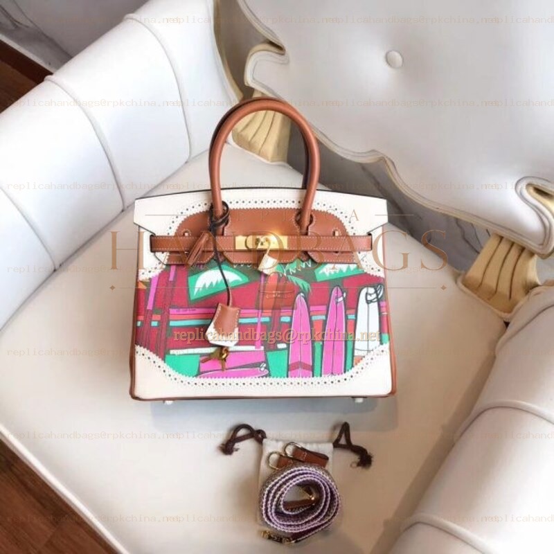 Replica Hermes White Multicolor Print Birkin 30 Bag