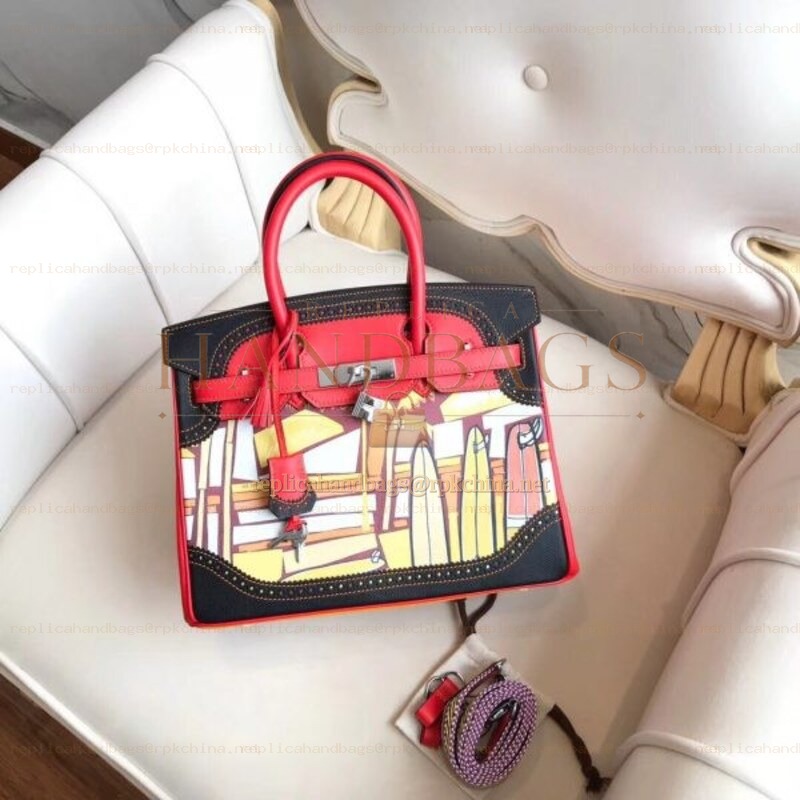 Replica Hermes Black Red Multicolor Print Birkin 30 Bag
