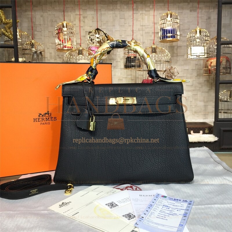 Replica Hermes Black Kelly 28 Gold Hardware Bag