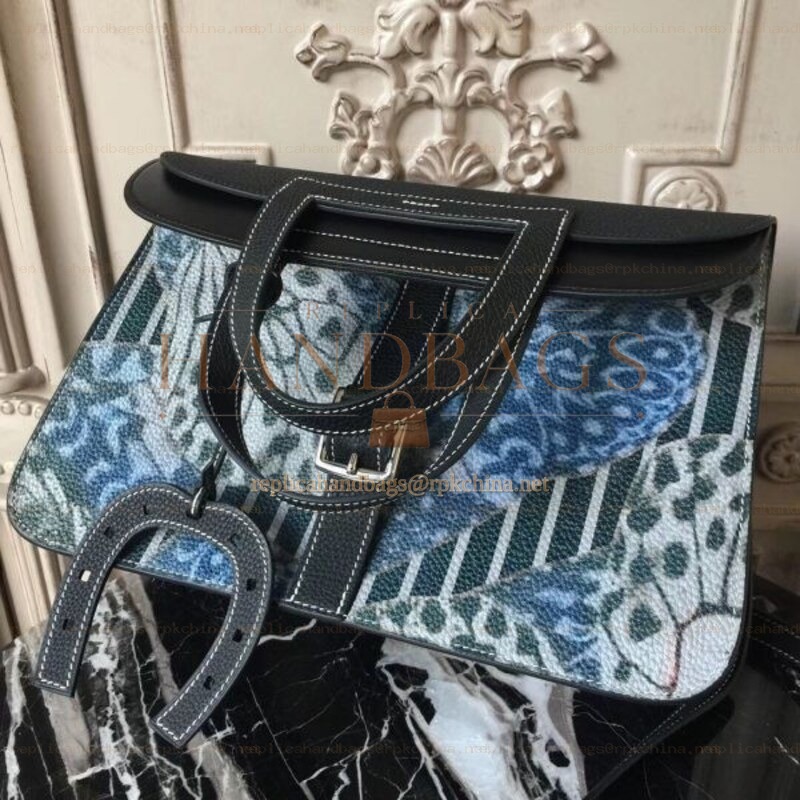 Replica Hermes Blue Black Print Halzan 31 Bag