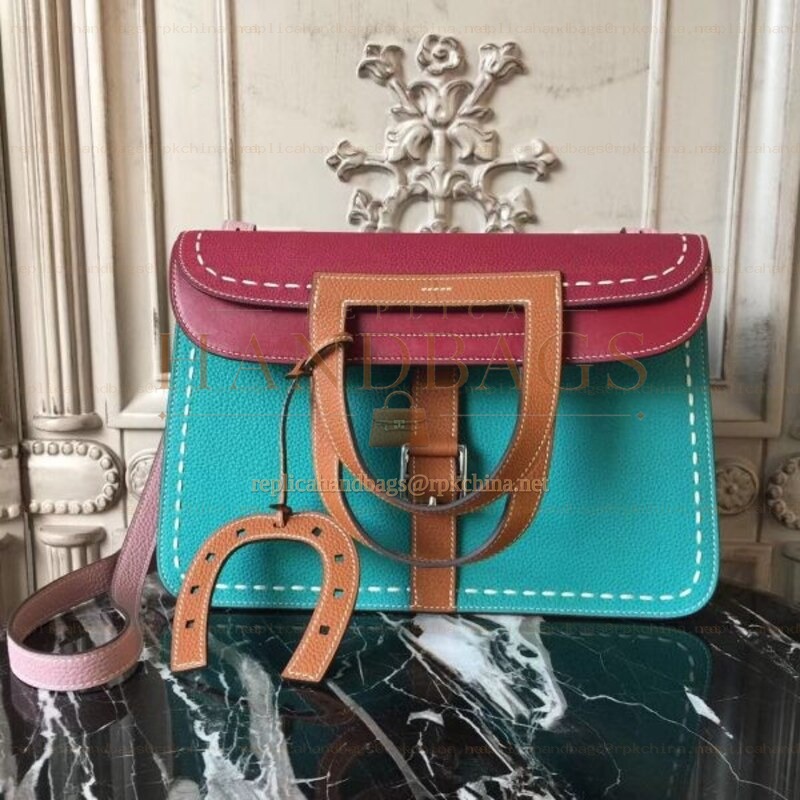 Replica Hermes Teal Burgundy Tan Colorblock Halzan 31 Bag
