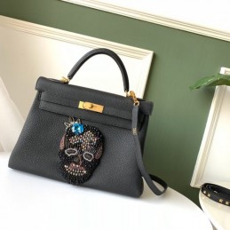 Replica Hermes Black Kelly 32 Skull Charm Strap Bag