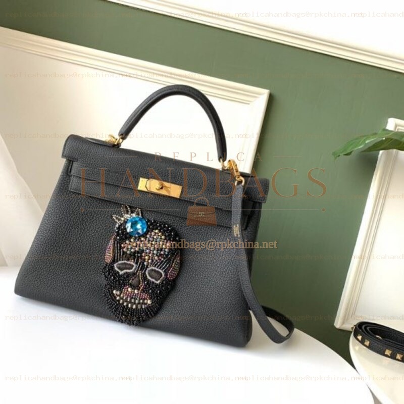 Replica Hermes Black Kelly 32 Skull Charm Strap Bag