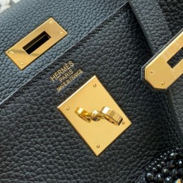 Replica Hermes Black Kelly 32 Skull Charm Strap Bag
